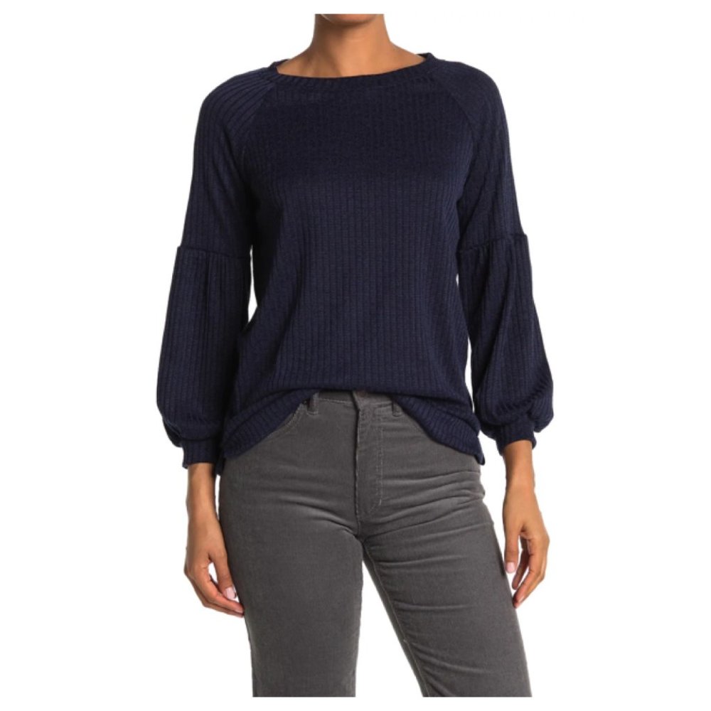 Chenault Ribbed Lantern Sleeve Top Navy Blue XL